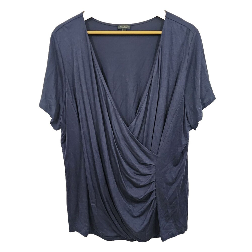 Talbots Woman Petites Wrap-Front Knit Jersey Top Navy Blue S/S Plus Size 3XP